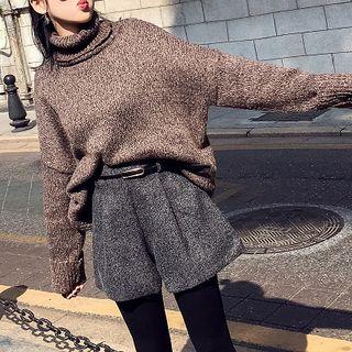Melange Turtle-neck Long-sleeve Sweater Coffee - One Size