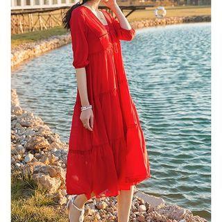 Elbow-sleeve Pain A-line Dress