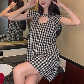 Sleeveless Plaid Dress Plaid - Black & Beige - One Size