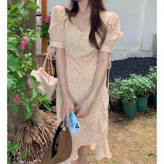 Short-sleeve Floral Asymmetrical Ruffle Trim Midi Dress
