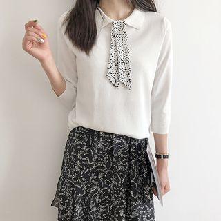 Tie Accent 3/4 Sleeve Collared Knit Top