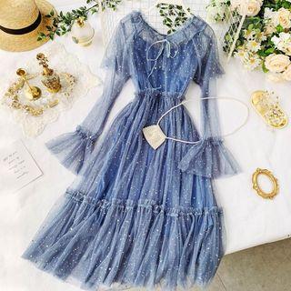 Sheer Long-sleeve A-line Midi Dress