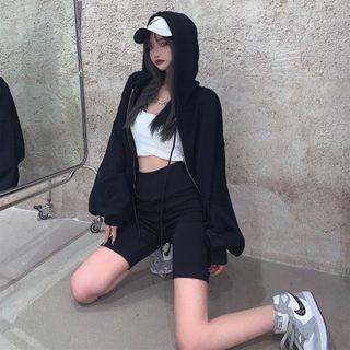Plain Zip Hooded Jacket / High Waist Skinny Shorts