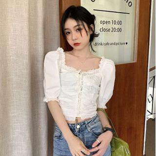 Puff-sleeve Shirred Lace-up Blouse White - One Size