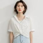 Elbow-sleeve Chiffon Knotted Shirt White - One Size