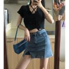 Halter Cropped Camisole Top / Short-sleeve Cardigan / Mini A-line Denim Skirt