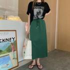 Elbow-sleeve Print T-shirt / Maxi A-line Skirt