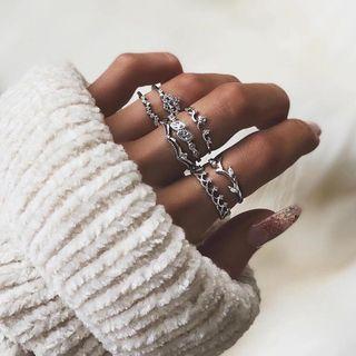 Set Of 7: Rhinestone Ring Silver - One Size