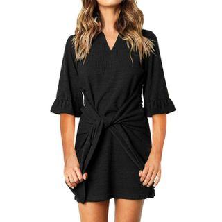 Tie Waist Elbow-sleeve Mini Sheath Dress