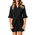 Tie Waist Elbow-sleeve Mini Sheath Dress