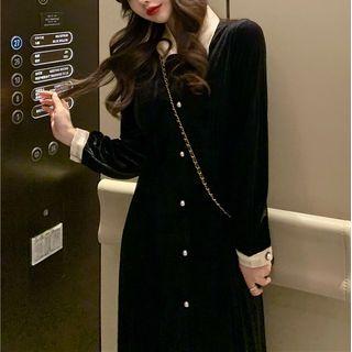 Long-sleeve Midi Velvet A-line Dress Black - One Size