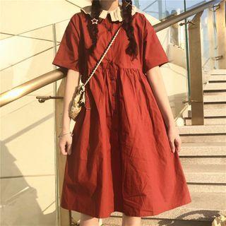 Short-sleeve Contrast Collar Midi A-line Shirtdress
