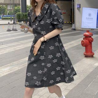 Short-sleeve Denim Floral A-line Dress