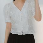 Button-detail V-neck Short-sleeve Lace Blouse White - One Size