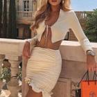 Long Sleeve Tie-front Crop Top + Ruched Mini Skirt