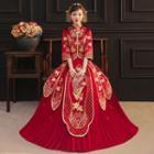 Set: 3/4-sleeve Phoenix Embroidered Chinese Wedding Cheongsam + Maxi Skirt + Headpiece