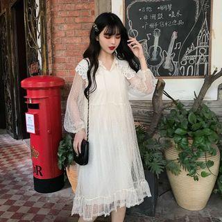 Long-sleeve Sheer Panel A-line Dress Almond - One Size