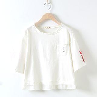Elbow-sleeve Fish Embroidery Top