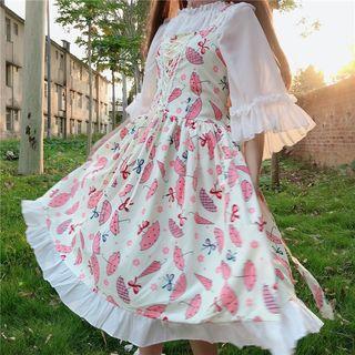 Printed Sleeveless A-line Dress  / Elbow-sleeve Top