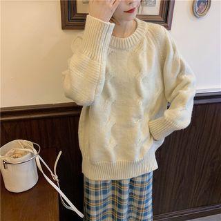 Long-sleeve Cable Knit Sweater / High-waist Plaid Skirt