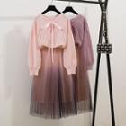 Long-sleeve Ribbon Knit Top / Gradient Mesh A-line Midi Skirt / Set