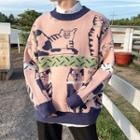 Color-block Cat Jacquard Oversize Sweater