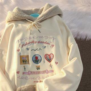 Floral Embroidered Fleece Trim Hoodie