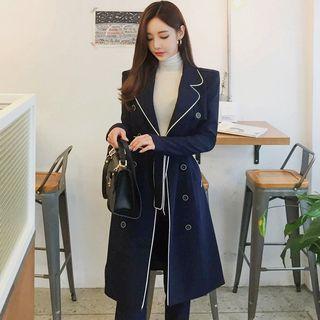 Set: Contrast Trim Double-breasted Trench Coat + Dress Pants