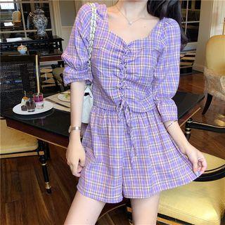 Elbow-sleeve Plaid Blouse / Plaid Culottes