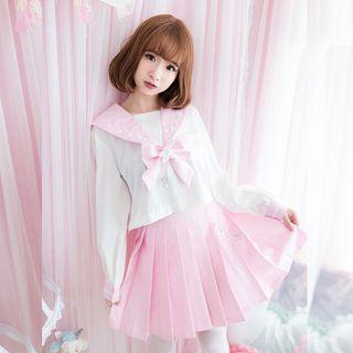 Bow Accent Long Sleeve Top / Pleated Mini Skirt