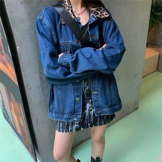 Leopard Print Panel Denim Jacket Leopard Print Panel - Blue - One Size