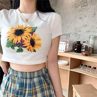 Sunflower Print Short-sleeve Cropped Top / Plaid Straight-cut Pants