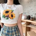 Sunflower Print Short-sleeve Cropped Top / Plaid Straight-cut Pants