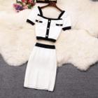 Set: Square-neck Short-sleeve Contrast Trim Blouse + Pencil Skirt White - One Size