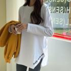 Letter Embroidered Long-sleeve Slit T-shirt