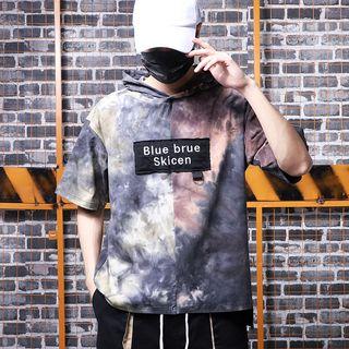Short-sleeve Lettering Camo Hooded T-shirt