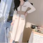 Long-sleeve V-neck Contrast Button Knit Midi Dress