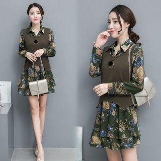 Long-sleeve Printed Mock Two Piece Dress