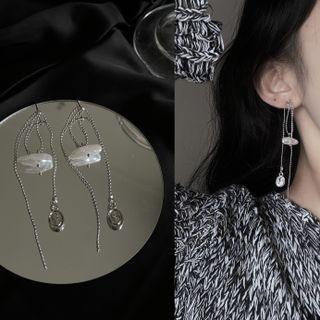 Faux Pearl Alloy Fringed Earring 2125a# - 1 Pair - White Faux Pearl - Silver - One Size