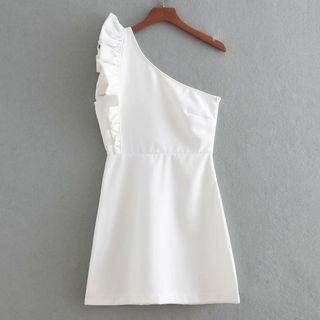 Plain Frill Trim One Shoulder A-line Dress