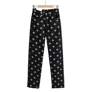 Mid Rise Cross Printed Straight Leg Jeans