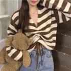 Striped Drawstring Knit Top Coffee - One Size