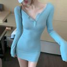Long-sleeve Plain Mini Bodycon Dress Aqua Blue - One Size
