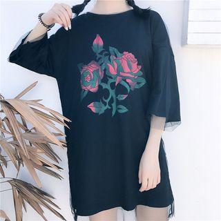 Set: Print Loose-fit Long T-shirt + Mesh Dress