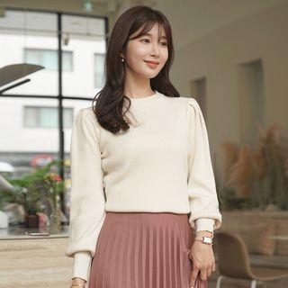 Puff-sleeve Button-cuff Knit Top