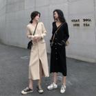 Long-sleeve Knit V-neck A-line Midi Dress
