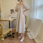 Elbow-sleeve Square-neck Midi A-line Dress