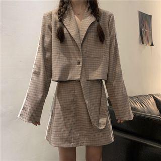 Long-sleeve Cropped Plaid Blazer / Striped Trim A-line Mini Skirt
