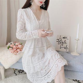 Long-sleeve Lace Tiered Dress White - One Size