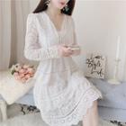 Long-sleeve Lace Tiered Dress White - One Size